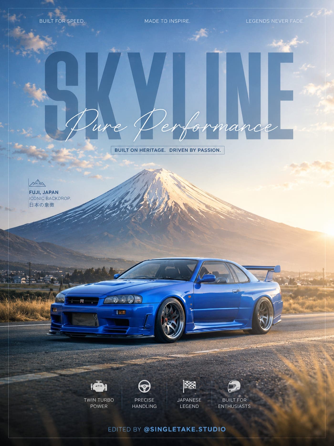 Nissan Skyline R34 — SingleTake Studio campaign poster